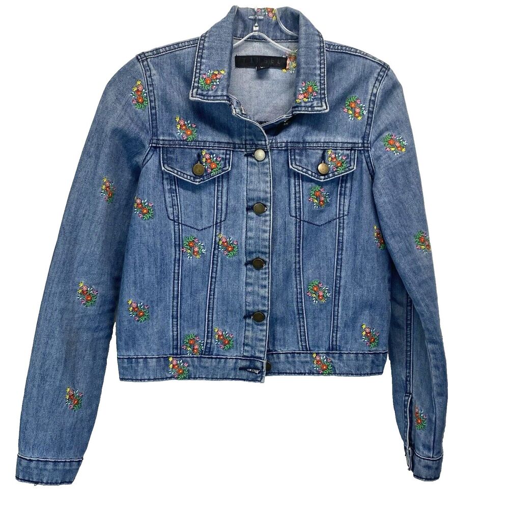 Tinsel Denim Couture Sz XS 6-Button Truckers Jacket Blue Floral Embroidered